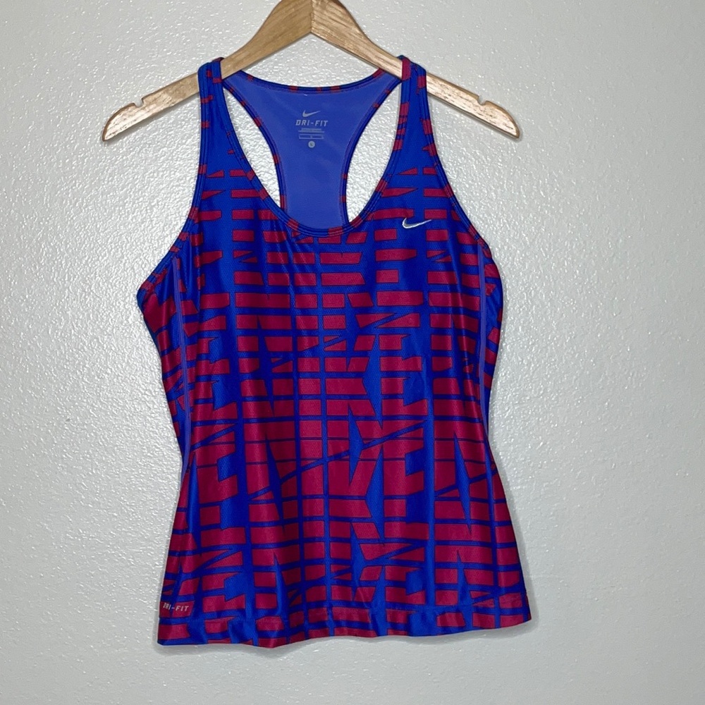 Nike Womens Racerback Tank Built-in Bra sz Large Blue/Red